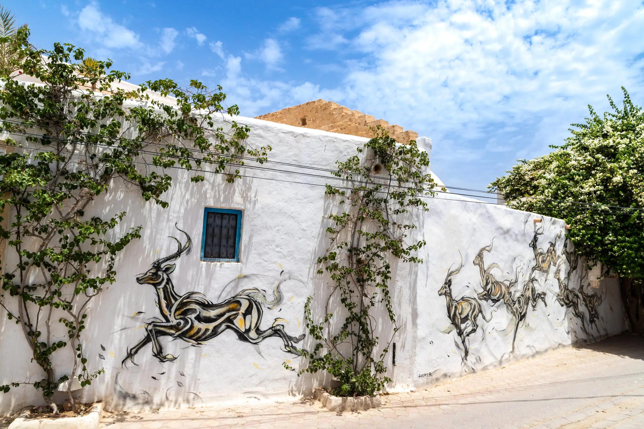 Fresque street art d animaux sur un mur blanc a Djerbahood Erriadh Djerba